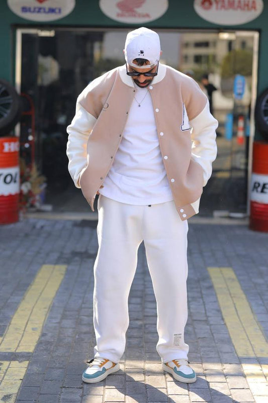 Beige Retro Baseball Jacket For Him