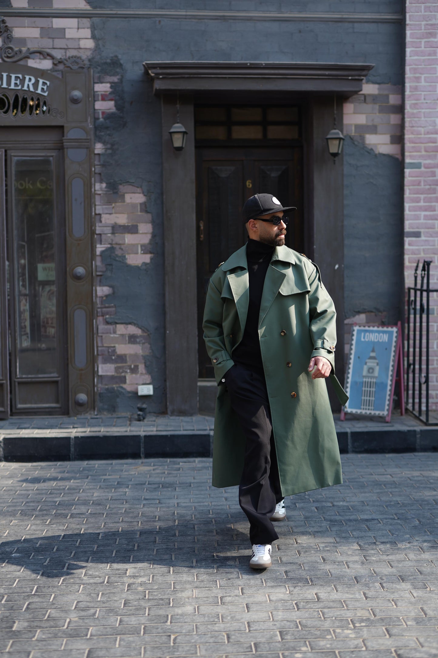 Olive Leather trench coat For Him