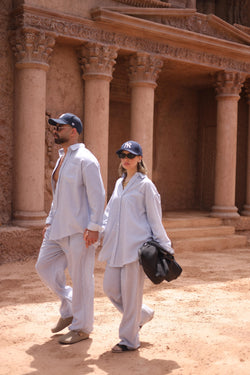 Light blue linen sribbed set