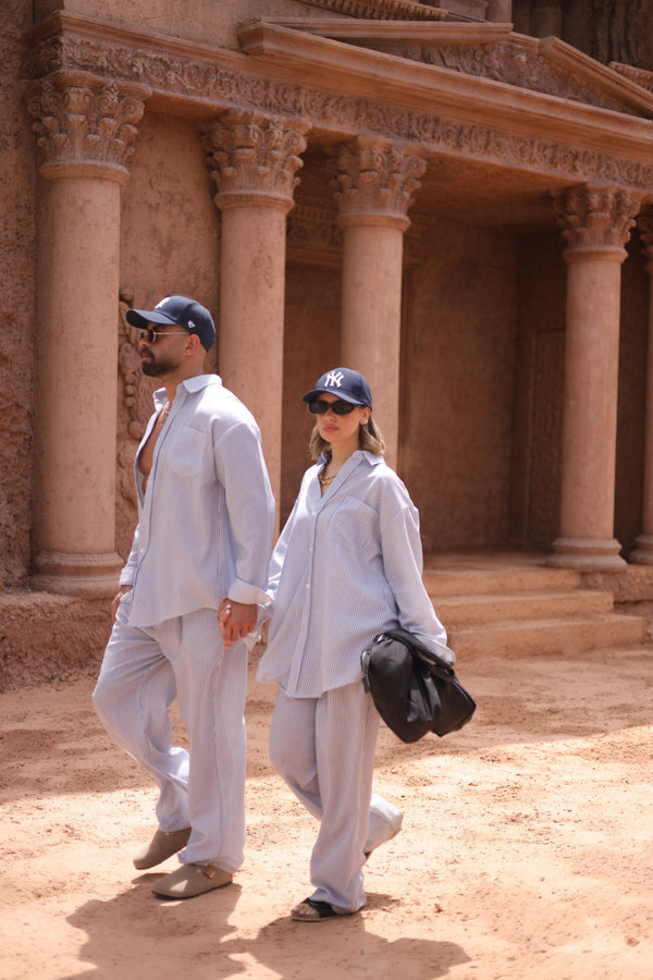 Light blue linen sribbed set