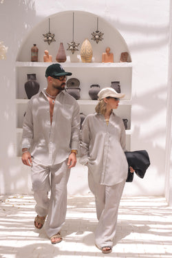 Beige linen stribbed set